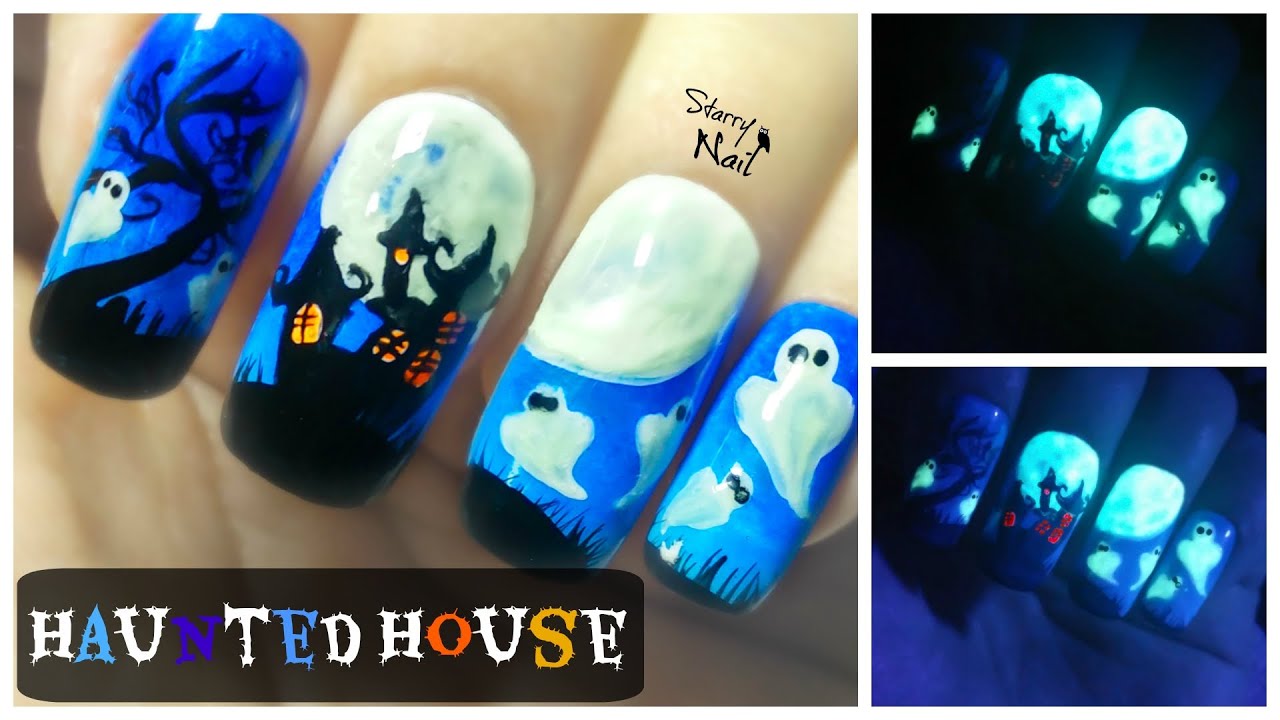 Halloween Haunted House ⎮Glow in the Dark Freehand Nail Art Tutorial