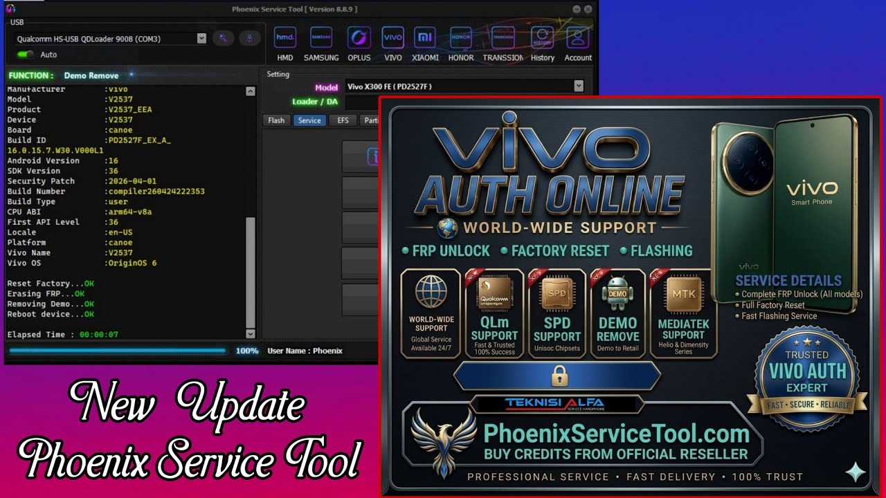 Phoenix Service Tool | Supports All VIVO Factory Reset, Reset FRP, Unlock Demo (AUTH) New Update ...