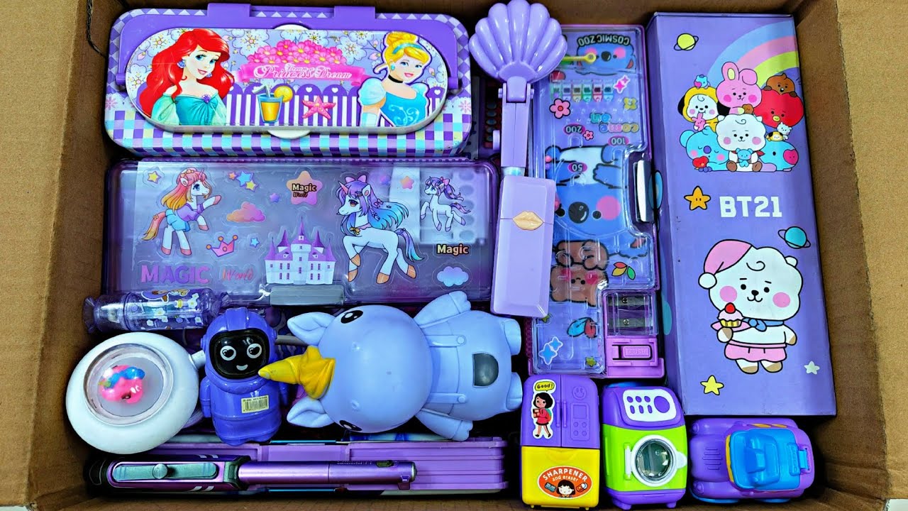 Unboxing Modern Purple Stationery 📚, BT21 Box, Geometry, Sharpener, Pen, Erasner, Desk Lamp, Pouch