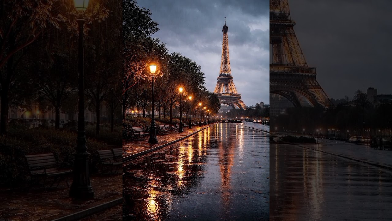 Paris Eiffel Tower Rainy Ambience – 4 Hours | Relaxing Background, Peaceful Tableau, Street View