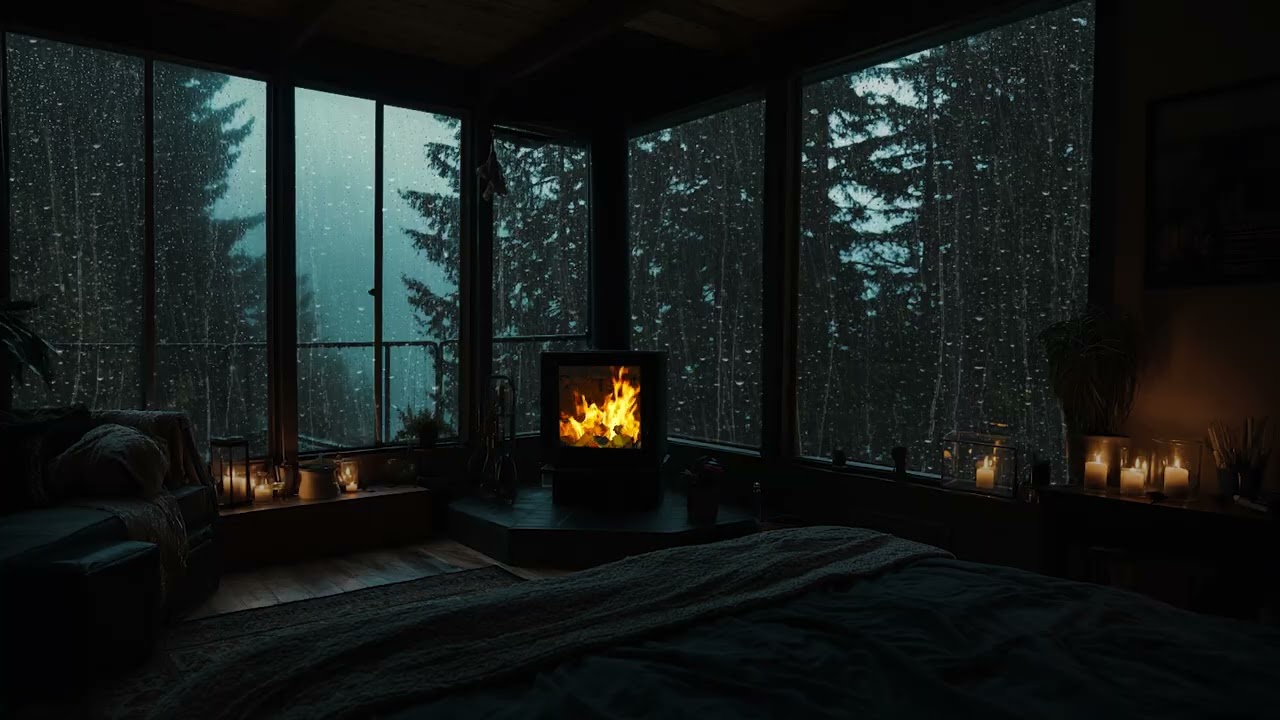 Gentle Rainfall and Fireplace Sounds 🌧️ Relaxing Night Ambience for Insomnia Relief