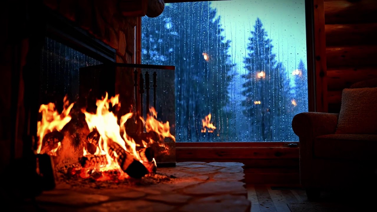LIVE 24/7  🔥  Warm Fireplace Crackling 🌧️ |  Stormy Cabin Vibes | Sleep, Study, Relax  Rainy Night L