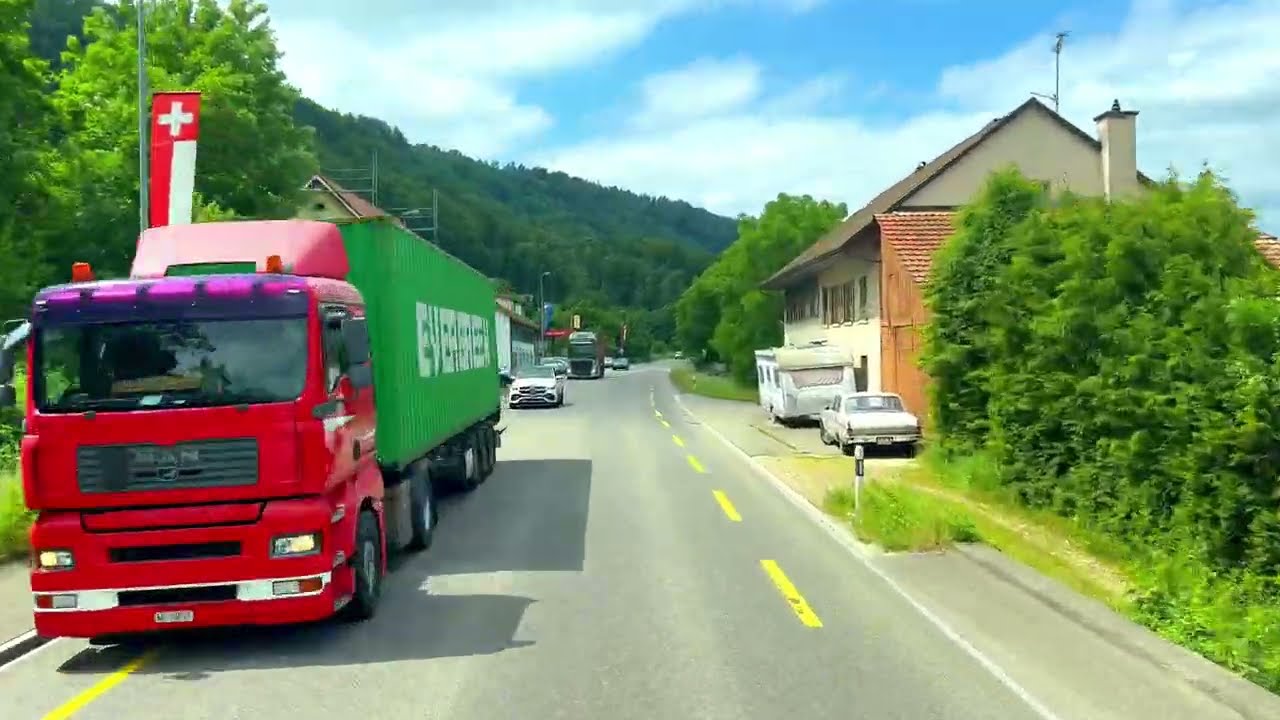 Driving in Switzerland Canton Aargau, on the Road 7 From Leibstadt to Laufenburg