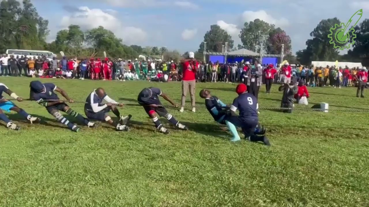 Transmittion West (in red) are the champions of the men's ZITF  Tug of War Championship