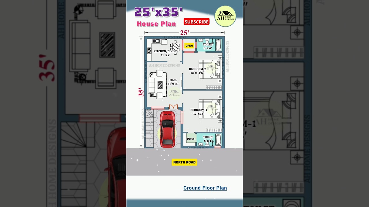 25' x 35' House Plan with Car Parking, North Facing House Plan, 25/35 2bhk Plan, #houseplan #shorts