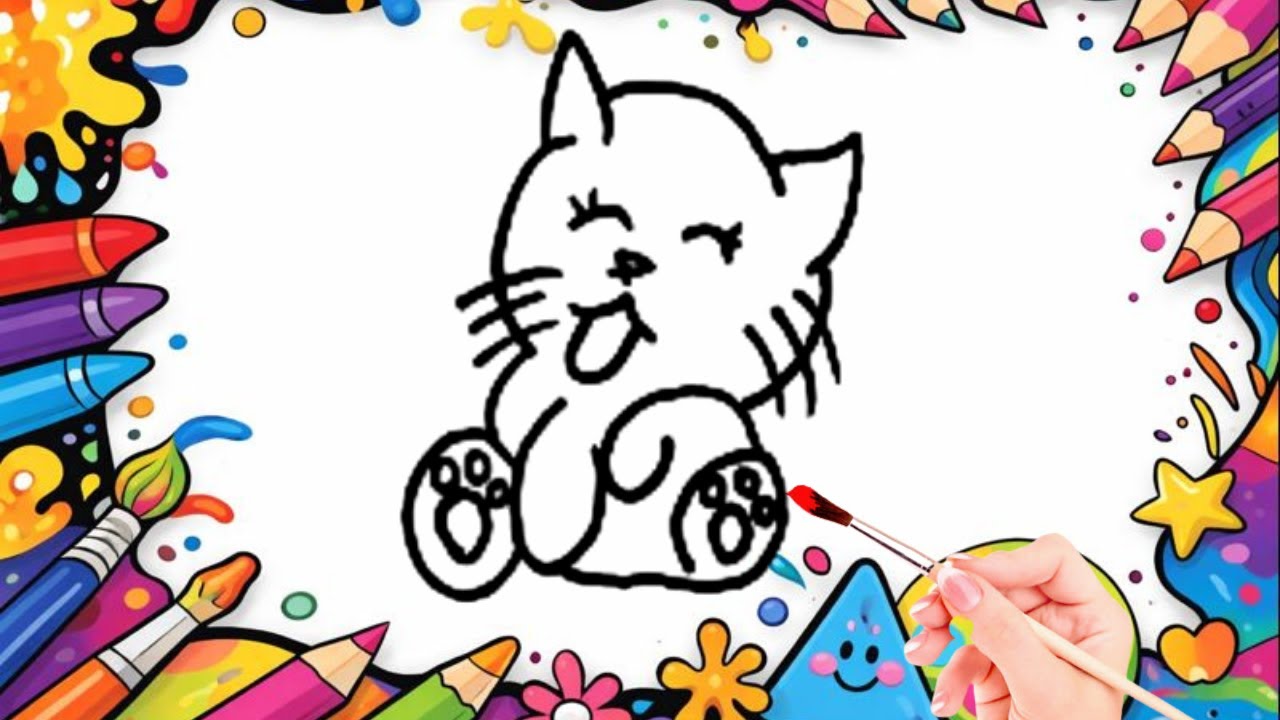 How To Draw cute Happy Cat Drawing, Painting & Coloring For Kids and Toddlers_🌈🎨 🐋