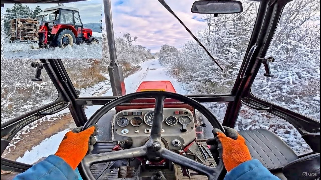 Zetor 7711 Winter POV & External Shots – Snow Ride Firewood Transport in 4K