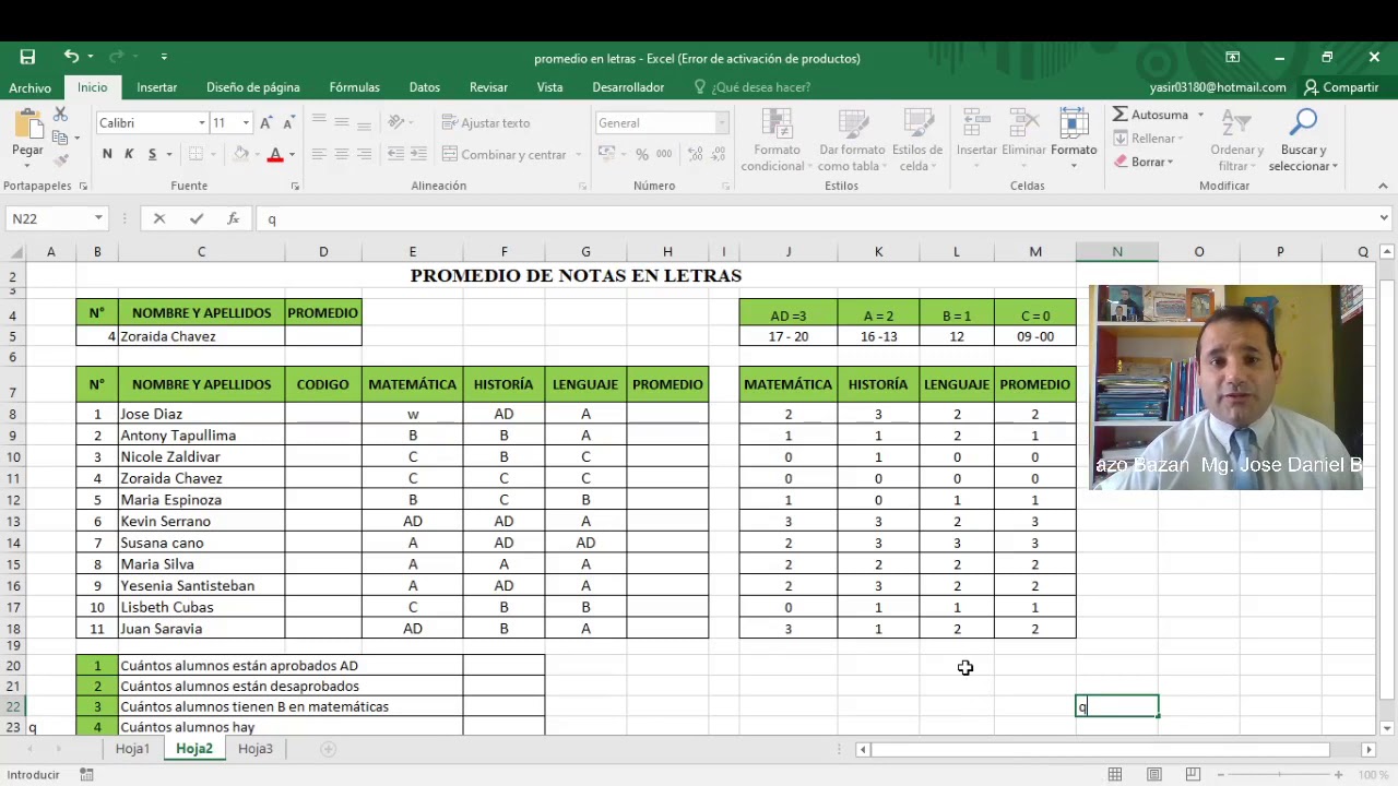 Promedio de notas en letras