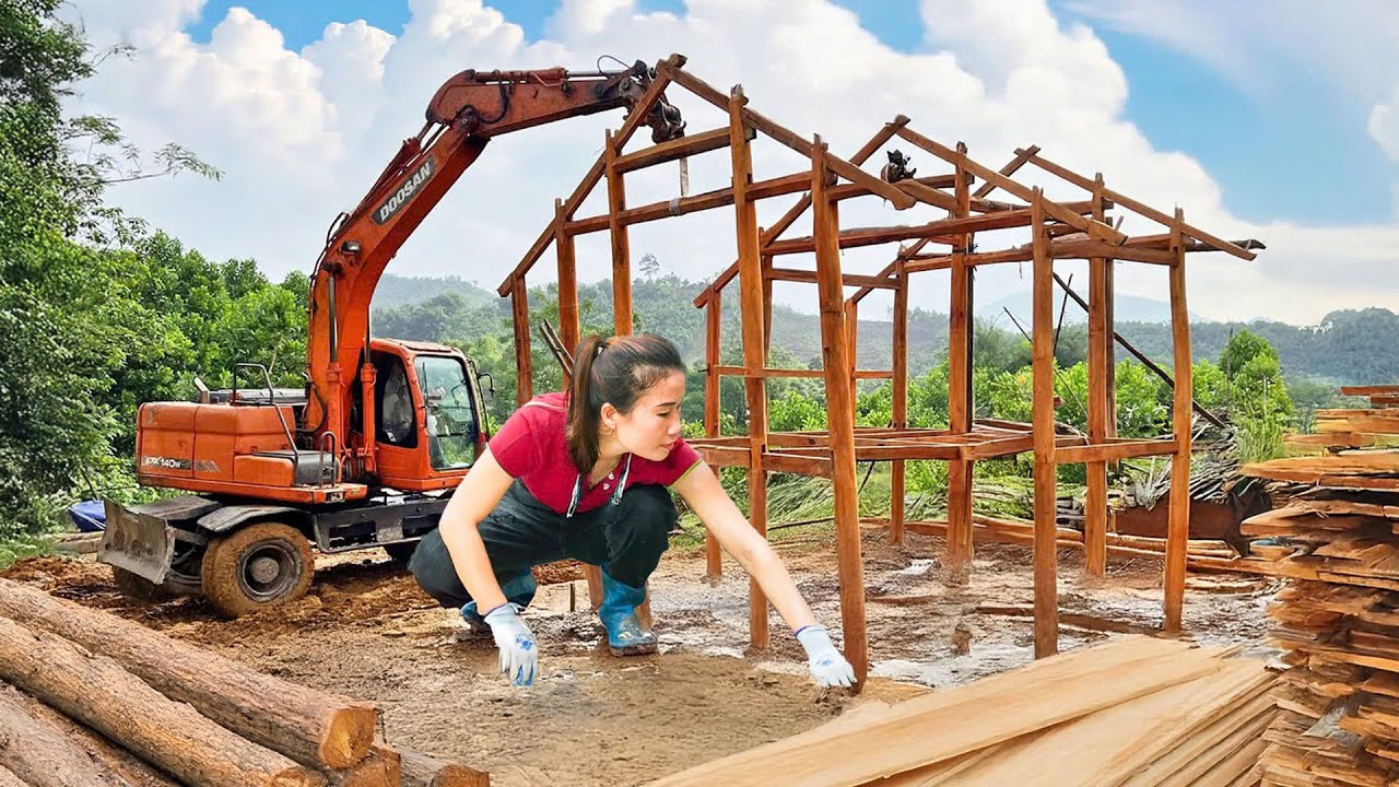 Rewind Timelapse - Building a Wooden Stilt House Using a Big Excavator and Palm Leaf Roof