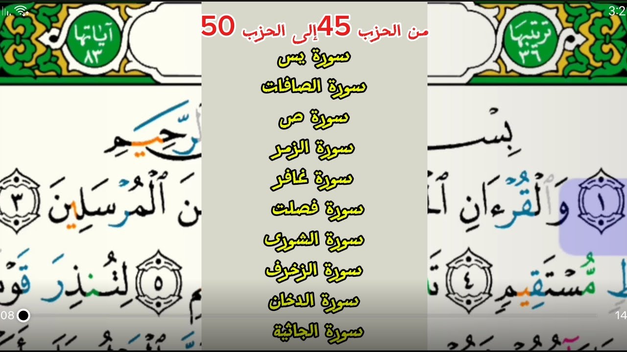 من سورة يس إلى سورة الجاثية للقارئ فارس عباد بدون إعلانات (من الحزب 45إلى 50)