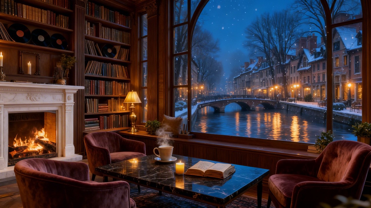 After Hours Winter Coffee Shop ❄️ Calm Jazz Piano & Fireplace Glow