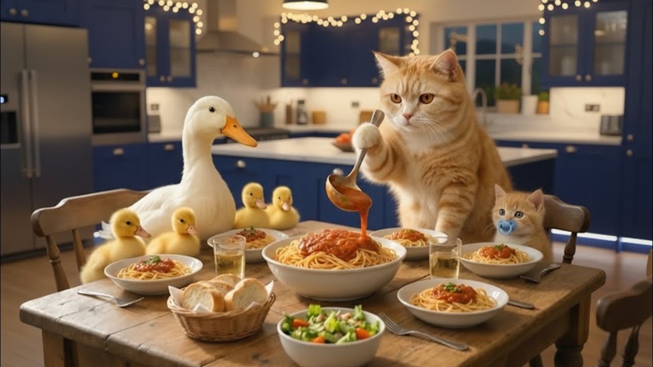 Mama Cat SAVES 4 Ducklings from drain !                      🚿🦆 then Cook spegatties 🥘