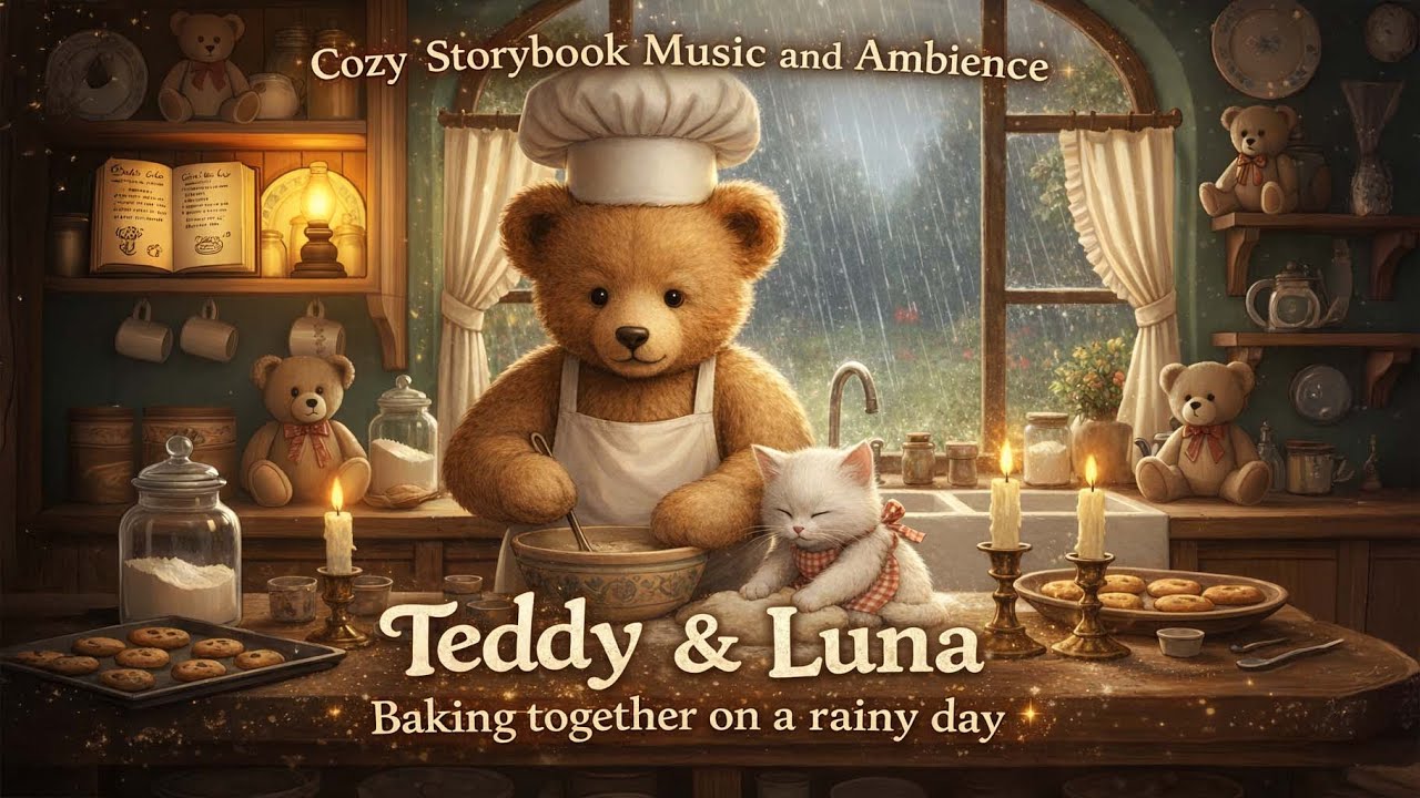 Teddy & Luna Baking Ambience 🧸🐱 | Cozy Kitchen Rain & Dreamy Piano | Hearthside Dreams | 1 Hour