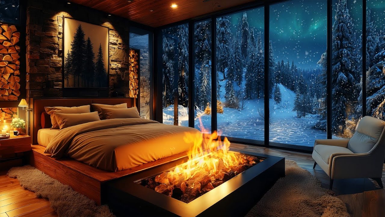 Inside a Warm Snow Cabin ⛄ Fireplace Sounds & Blizzard Sounds for Deep Sleep