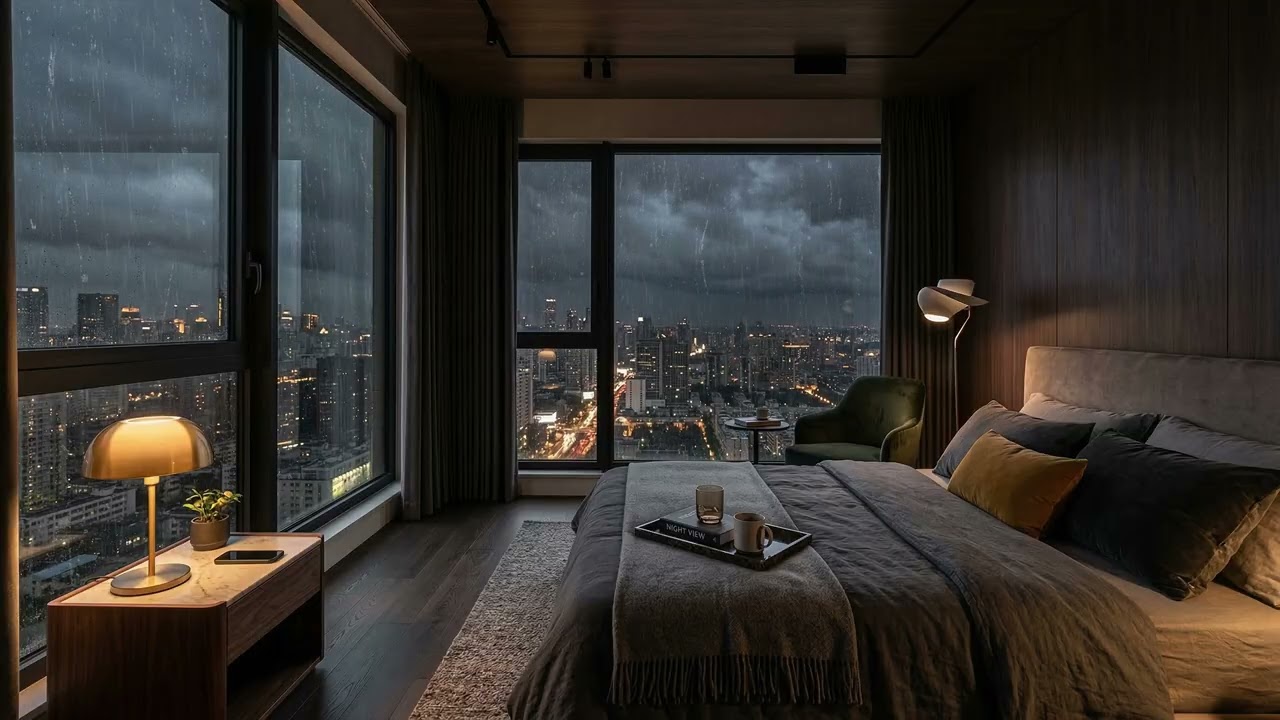 Endless Urban Rain 🌧️ Falling Over Wet Streets Viewed From A Calm Skyline Bedroom 🌃