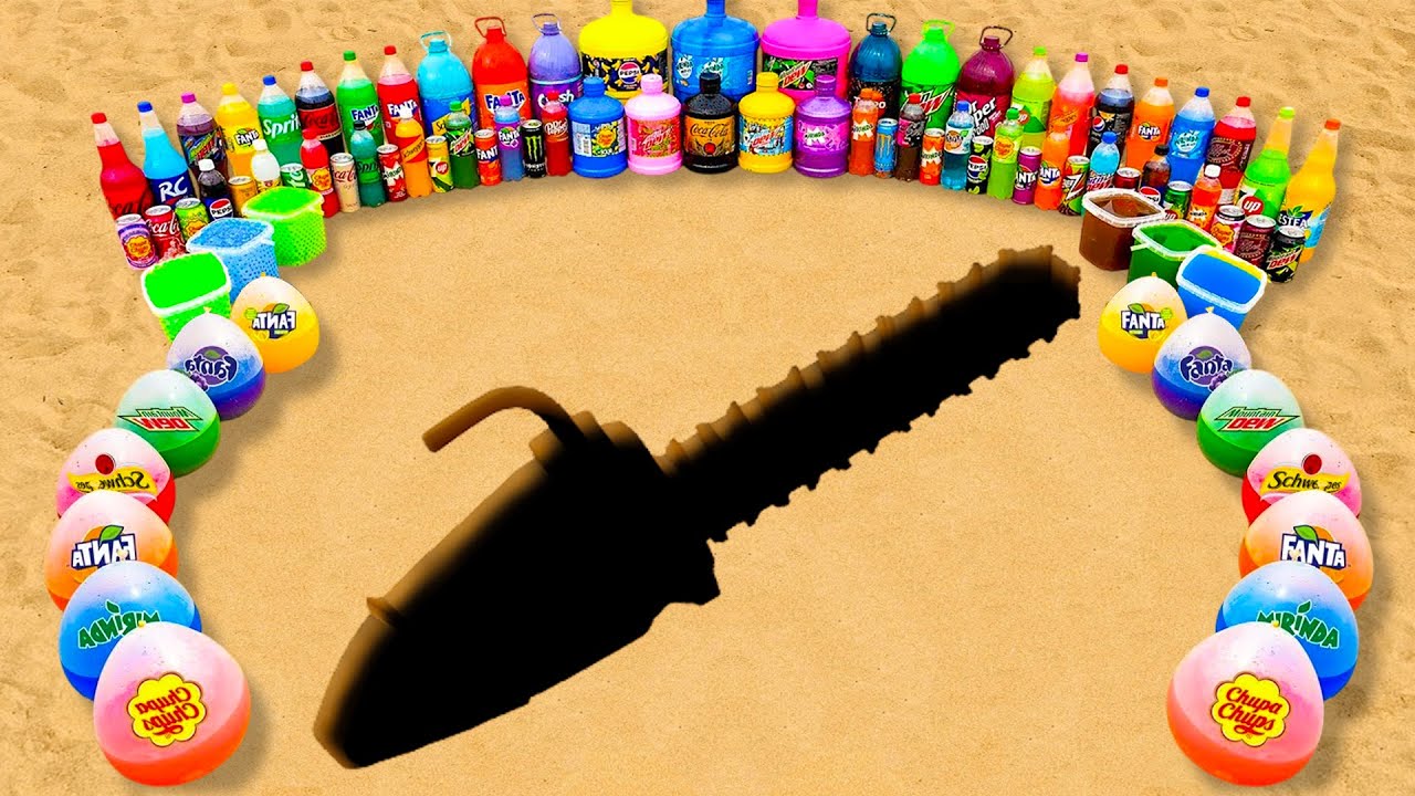 Big Toothpaste Eruption from Chainsaw pit, Balloons of Sodas, Mtn Dew, Fanta, Coca Cola vs Mentos