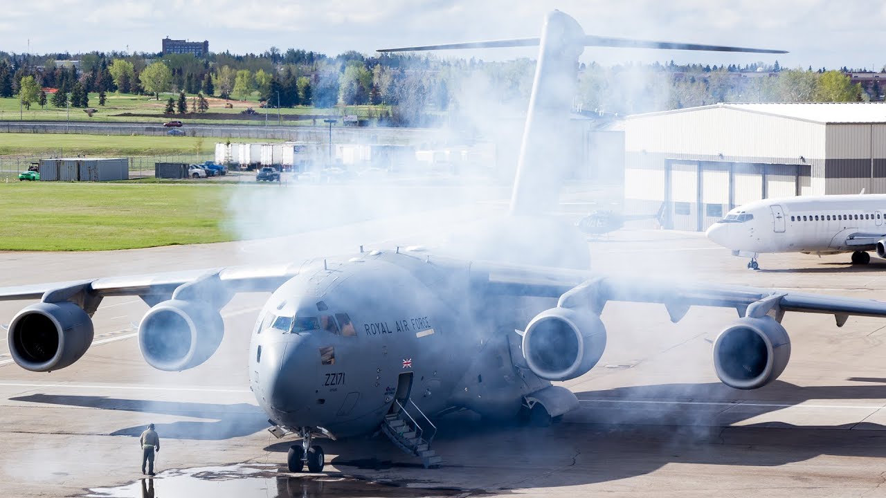 Royal Air Force C-17 Globemaster Smoky Startup and Departure from Calgary Airport