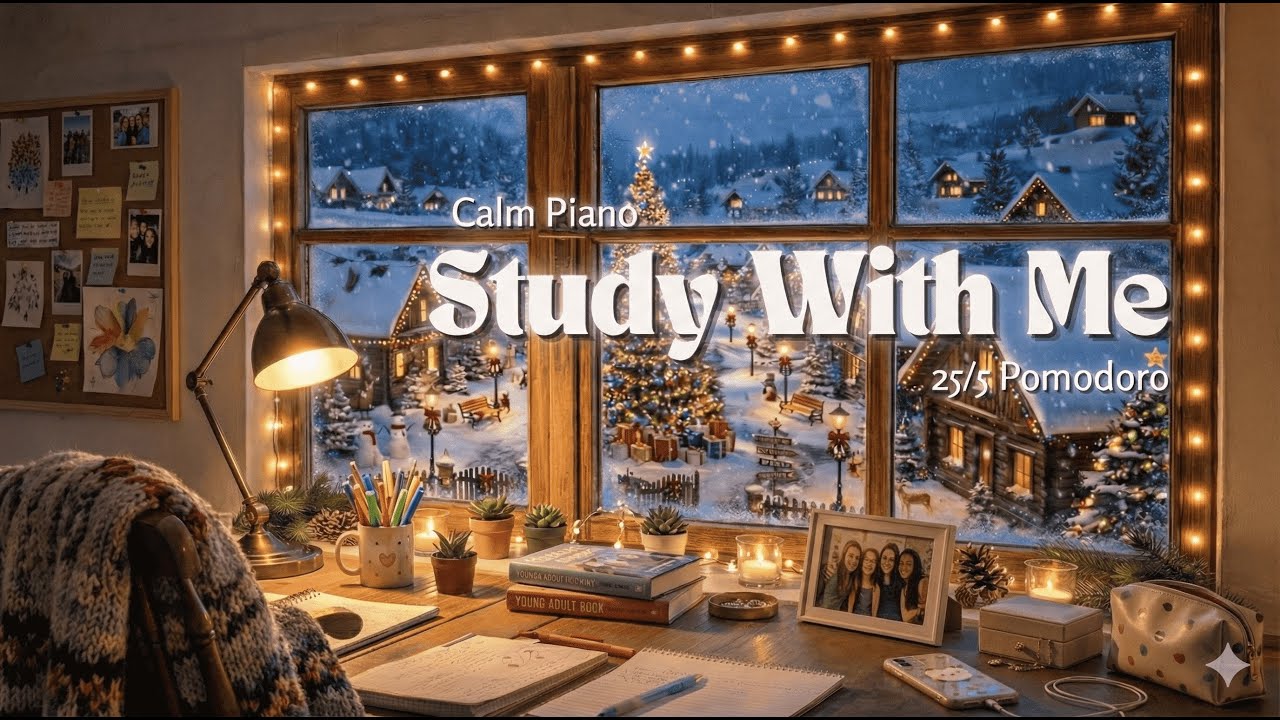 1 Hour Study With Me | Christmas Themed Pomodoro (25/5) | Snowfall