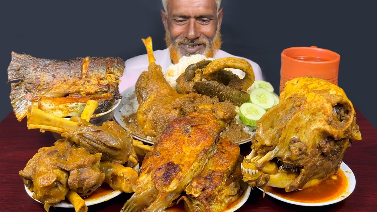 ASMR Eating Spicy Mutton Leg Curry, Full Mutton Lounge Curry, Goat Head Curry, fish Fry with Rice