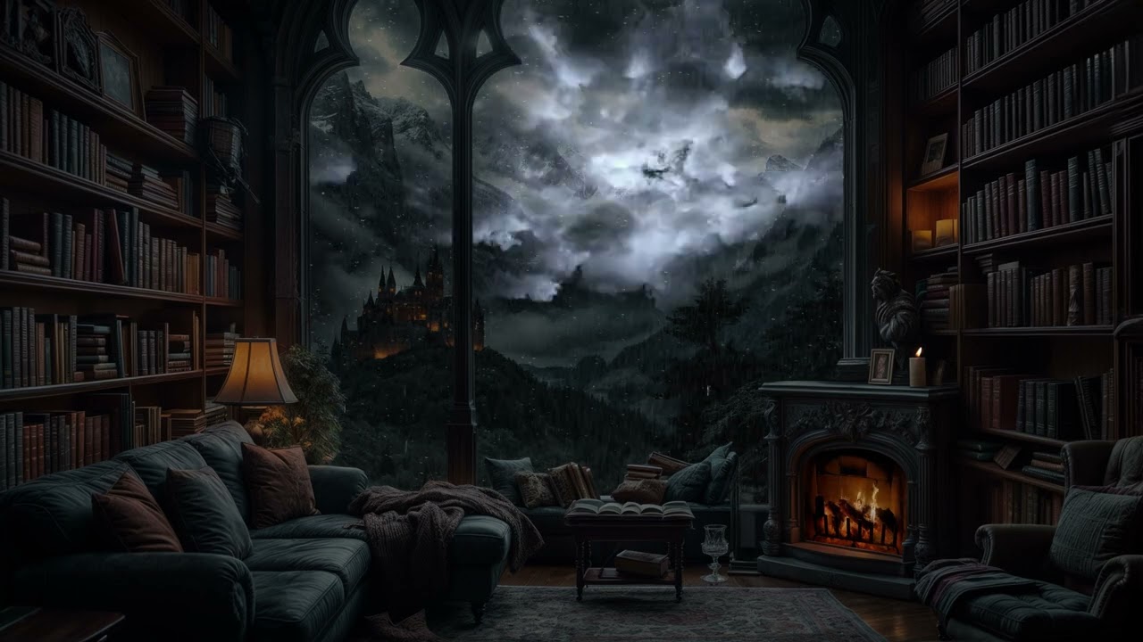 Castle View with Moody Rainy Night | Relaxing Fireplace, Rain, Lightning & Cozy Ambience