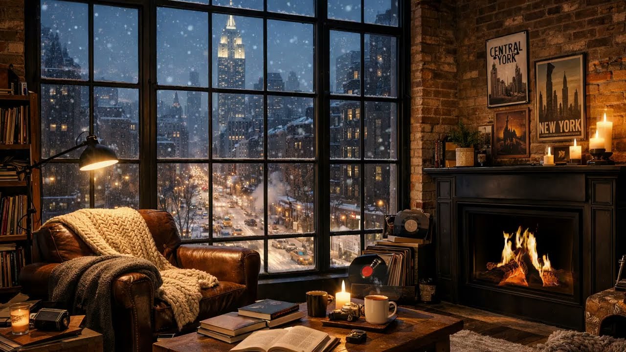 Cozy NYC Winter Ambience ❄️ Snowfall Outside a New York Apartment | 4K