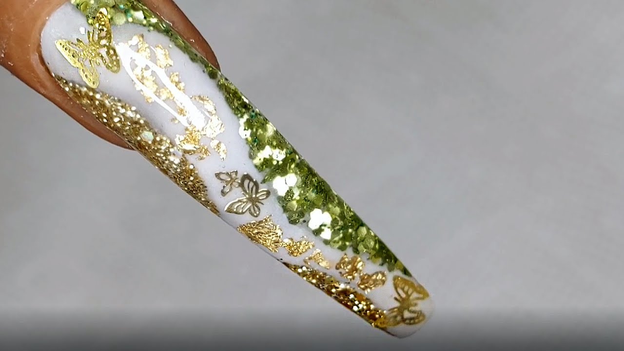 St.Patricks Day Nail Art | Gold & Olive Green Butterfly | Acrylic Nail Accent