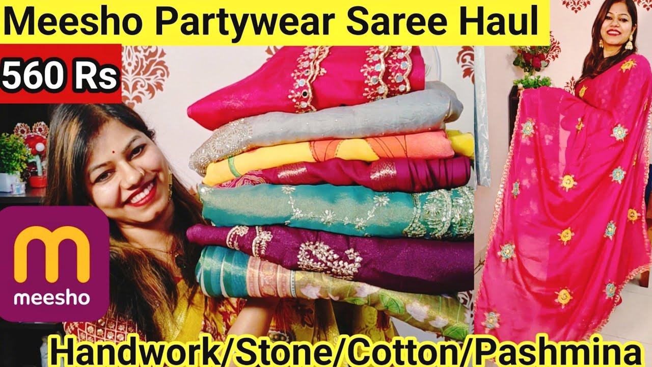 Meesho Saree Haul 560 Rs Handwork Saree/Stone/Pashmina saree/Pure Georgette meesho Partywear saree 