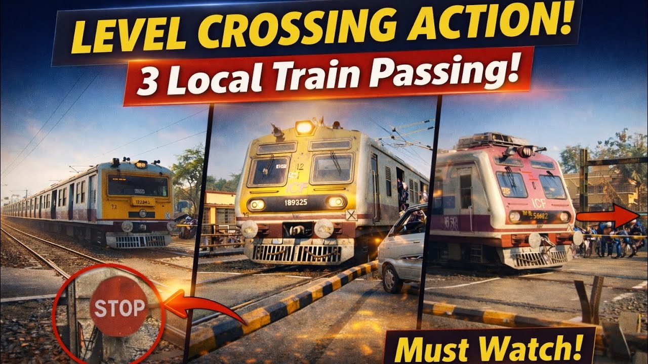 Level Crossing Action! 🚆 3 Local Train Passing | Full Railway Scene