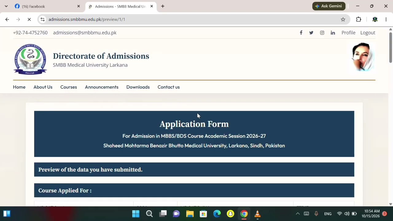 Live Form Filling on SMBBMU Portal for SMBBMU Tagged Districts' MBBS/BDS Admissions Session 2026-27