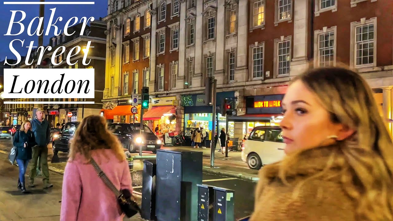 London Walk at Night, Baker Street, 221B Baker Street, Sherlock Holmes Museum, London Winter Walk 4K