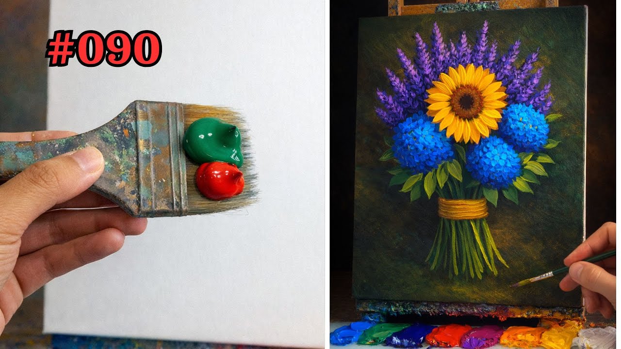 Sunflower & Hydrangea Acrylic Painting | Relaxing Floral Bouquet Art #090