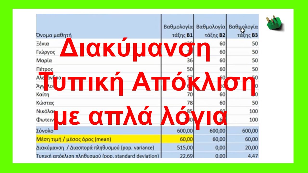 Στατιστική - Διακύμανση / διασπορά και τυπική απόκλιση  πληθυσμού ή δείγματος - excel