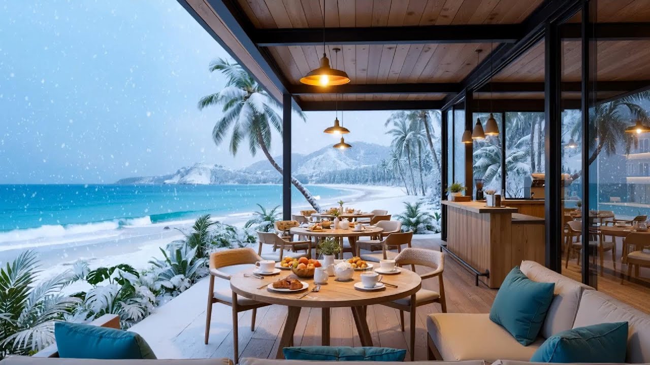 Winter Sea Caf&eacute; Ambience ❄️ Snow on the Beach, Ocean Wind with Soft Piano for Study, Focus & Sleep