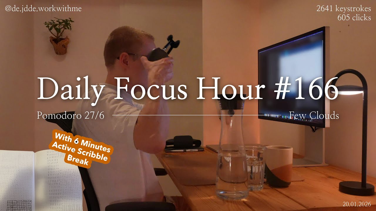 Daily Focus Hour | 2026-01-20T05:11:46 | Work With Me |Pomodoro 27/6| Partly Cloudy⛅ +Typing&Timer