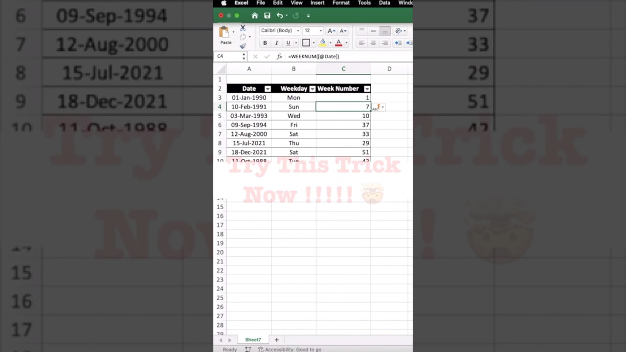 Get Weekday from Date | Get week number from Date in Excel| #shorts #short #excel
