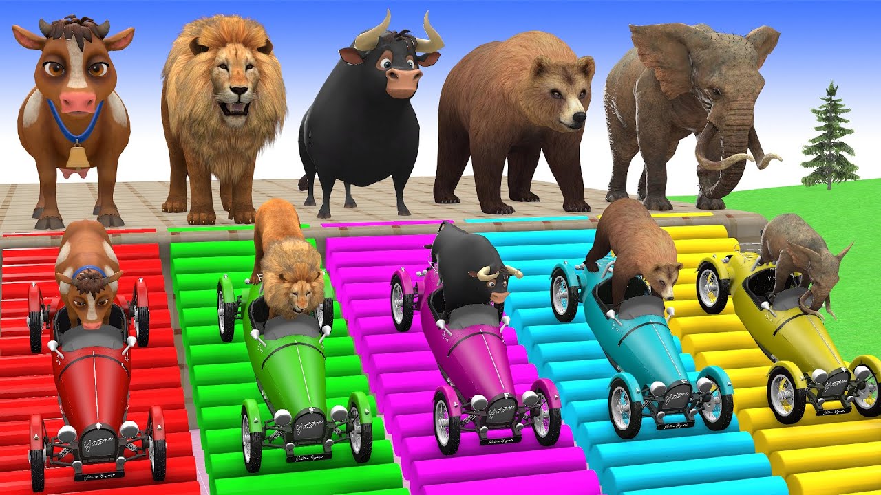 Long Slide Game with Cow Elephant Gorilla Hippopotamus Tiger 3d Animal Game Funny 3d Animals