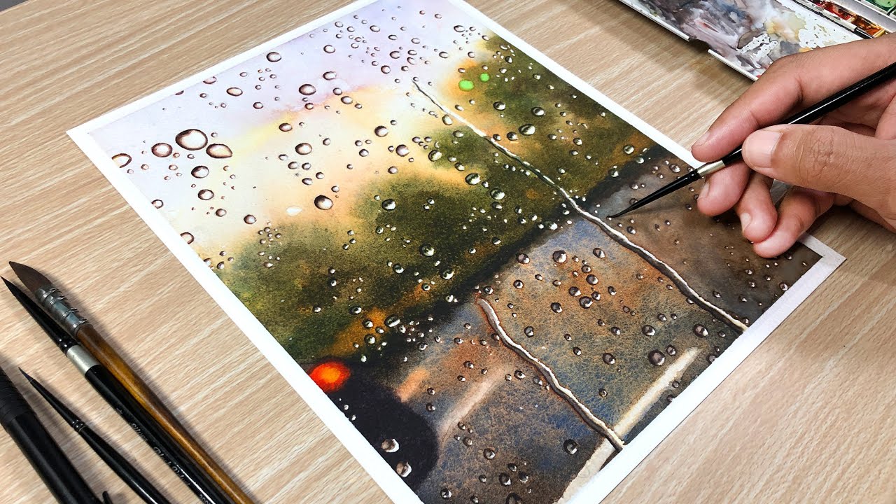 Morning Rain Drops in Watercolor Painting