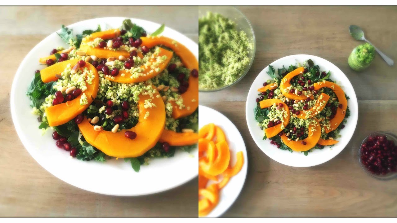 Healthy Vegan Comfort Food - Roasted Pumpkin Quinoa Salad with Mint and Pea Pesto