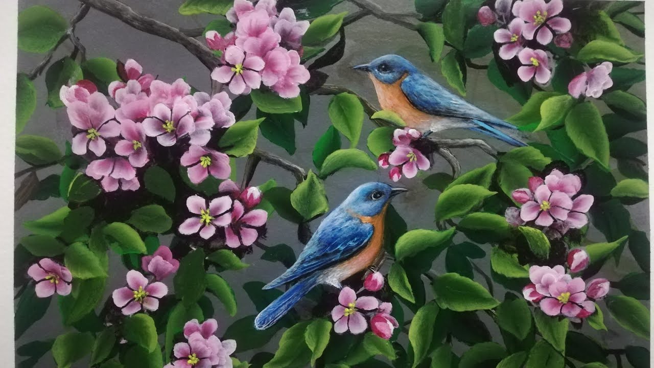 #acrylicpainting #spring flowers and birds#apple blossoms #Blue birds#onestroke painting#995