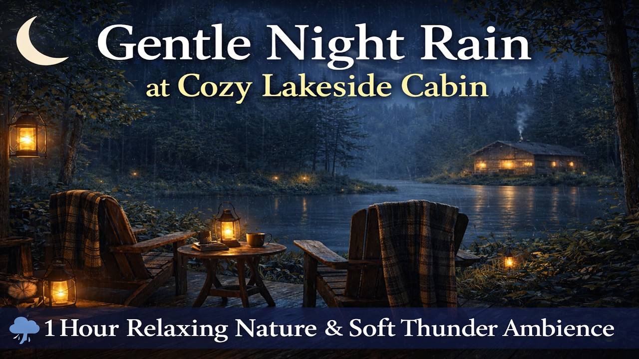 🌙 Gentle Night Rain at Cozy Lakeside Cabin 🌧 1 Hour Relaxing Nature & Soft Thunder Ambience