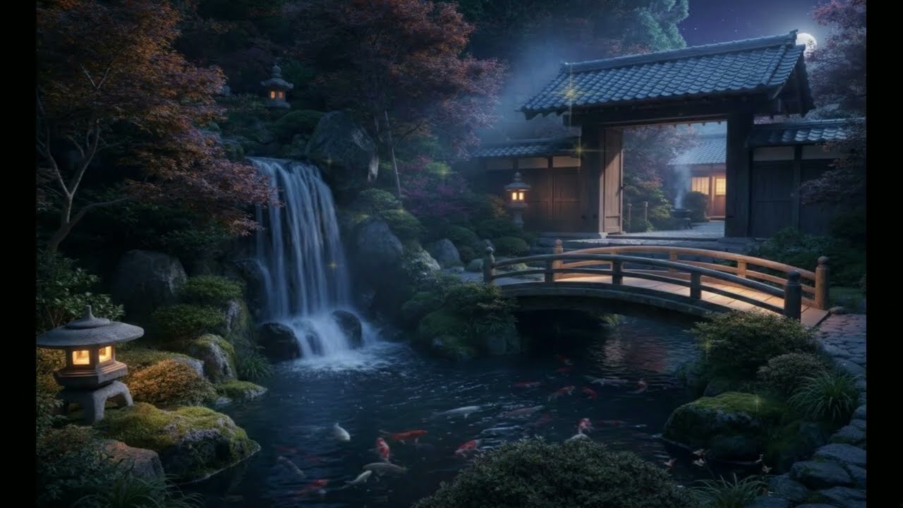 A Peaceful Cascade: Night Zen Garden | 夜の日本庭園・小さな滝と秋の虫の音
