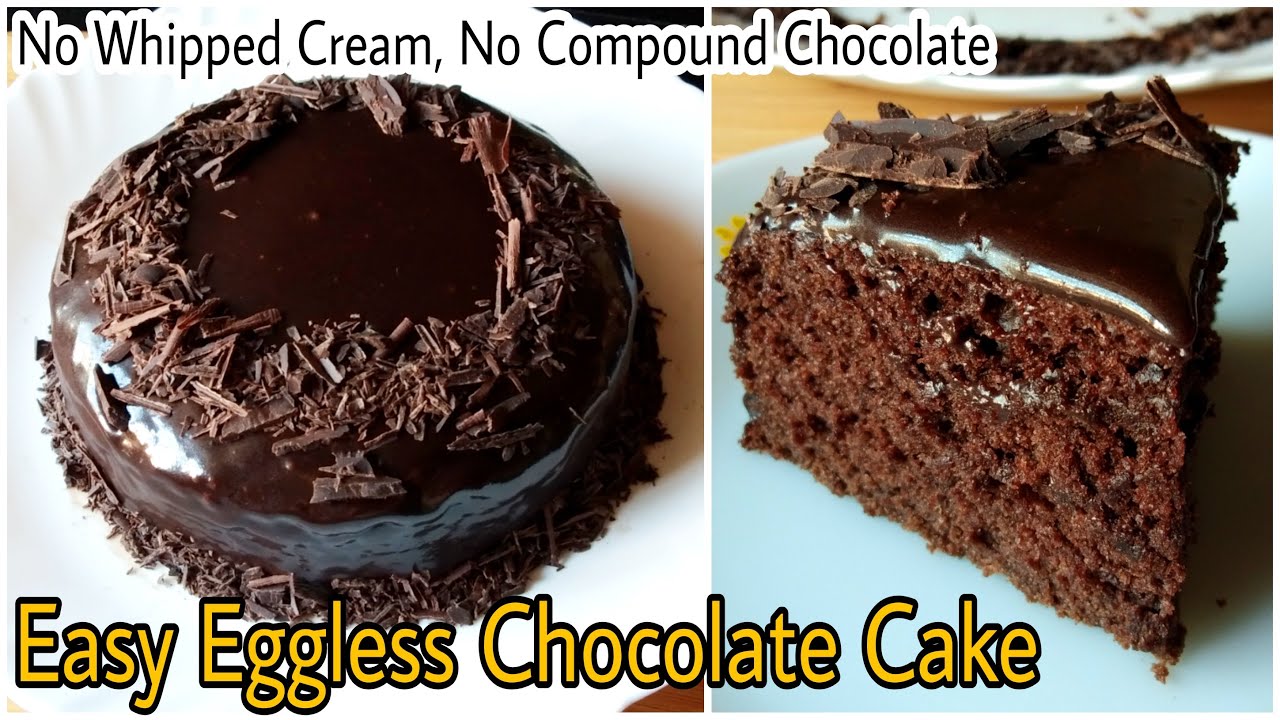 Easy Moist Eggless Chocolate Cake | No Oven, Whipped cream, Compound Chocolate, Condensed milk, Curd