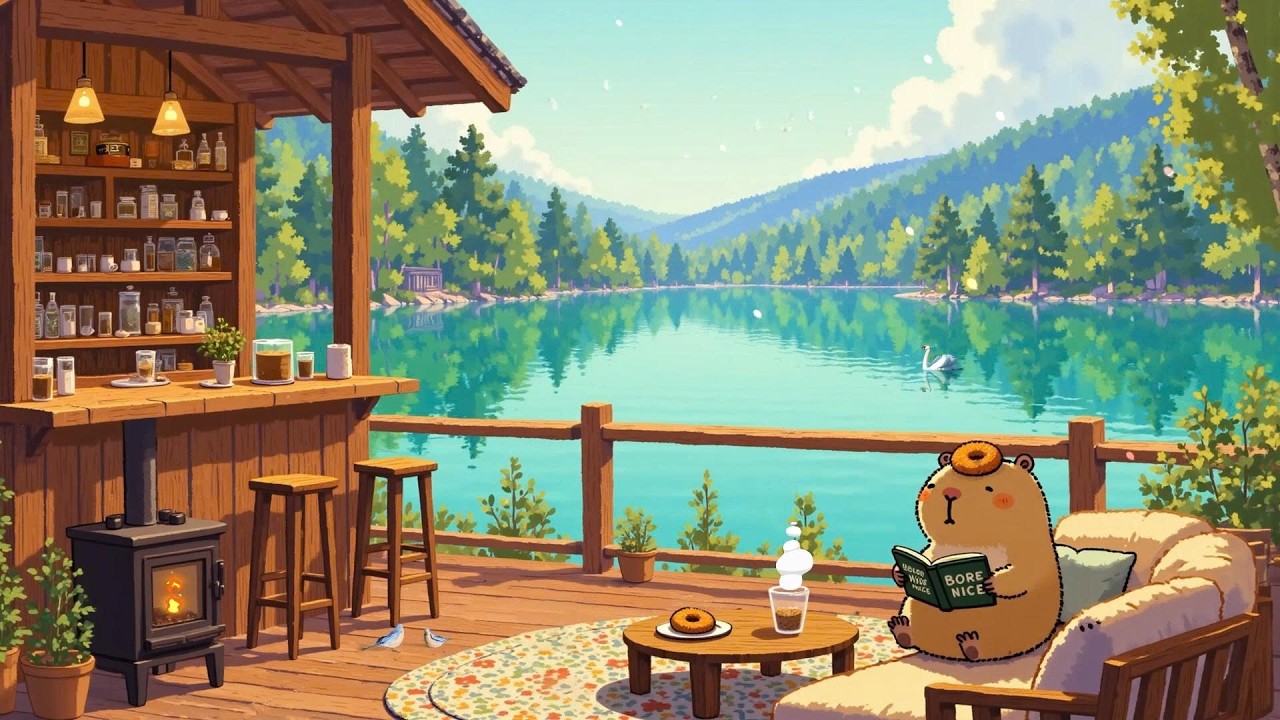Warm Lakeside Morning ☕ Smooth Lofi Chill & Fireplace Ambience 🌿 Lofi Deep Focus to study/work/relax