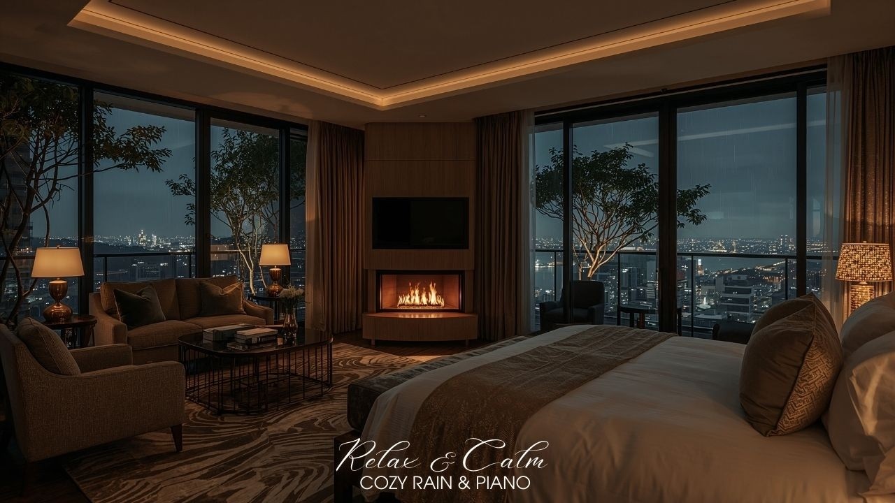 Luxury Penthouse Rain LIVE 24/7 🌧️🔥 | Fall Asleep Fast with Soft Piano & City Night Sounds