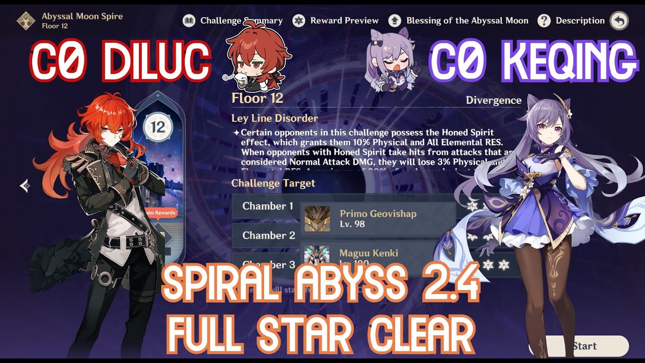 NEW Spiral Abyss 2.4 Floor 12 - Diluc & Keqing OG 5* Full Star Clear Gameplay! 【Genshin Impact】