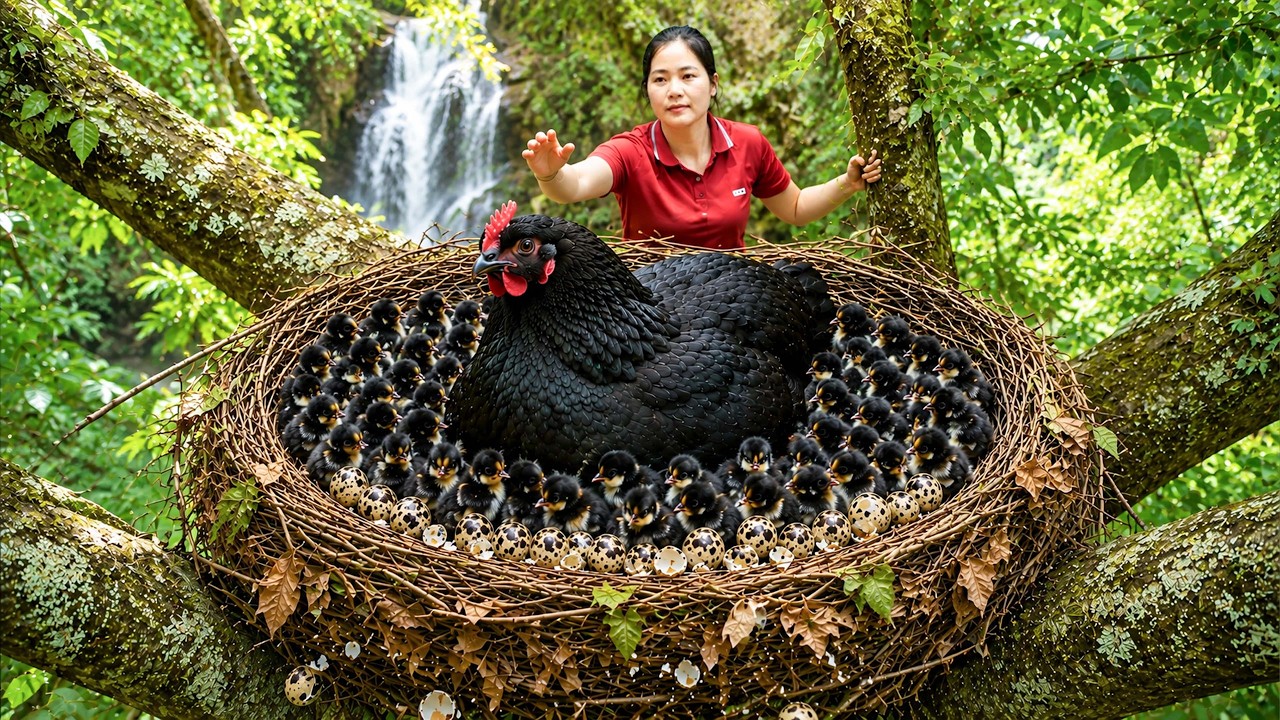 Harvesting Wild Black Leghorn Chickens & Goes to market sell | Climbing High Tree Catch Chicken