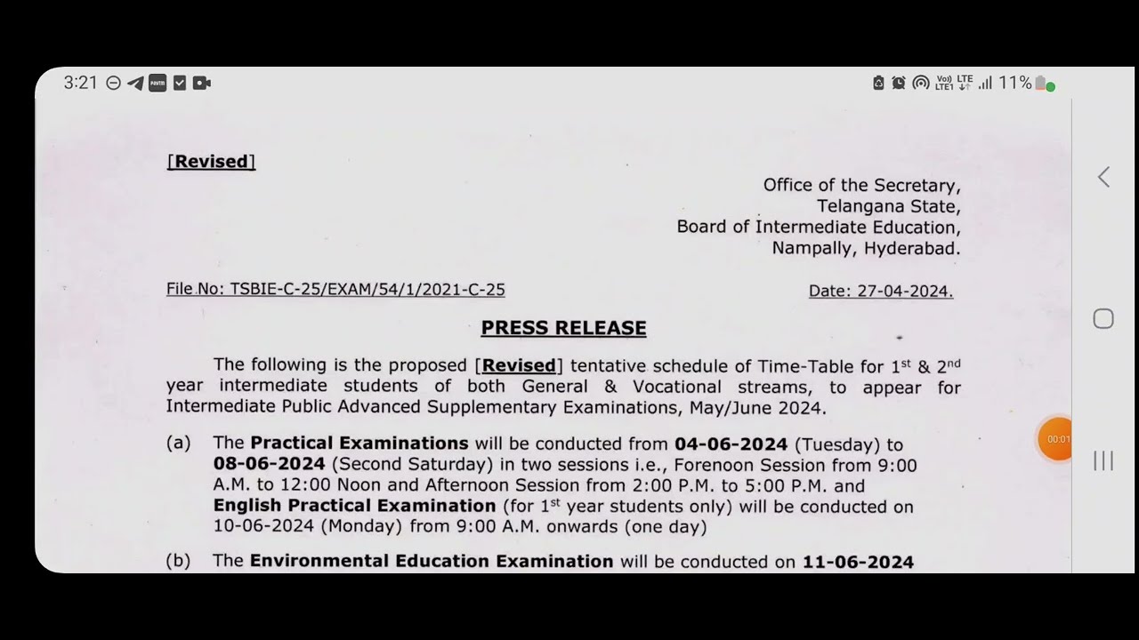 TS inter 1st& 2nd year public advanced supplementary  exam Revised time table May/June 2024 #TSinter