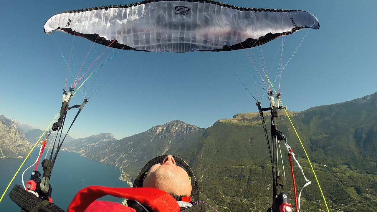SIV course with Pal Takats. Full stall, backfly. Paragliding Lake Garda, Italy. Ozone Rush 4.