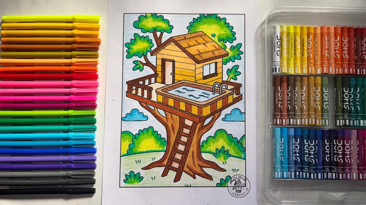 Colorful Treehouse Coloring Page for Kids | Easy Nature Coloring Sheet