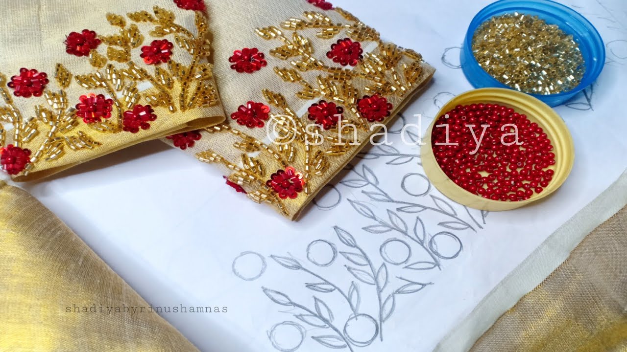 Onam special|Eye catching beadwork and sequins flower embroidery design for saree blouse sleeve